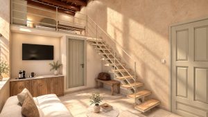Junior Suite – Wohnbereich mit Treppe zur Galerie – Pepi Boutique Hotel, Rethymnon